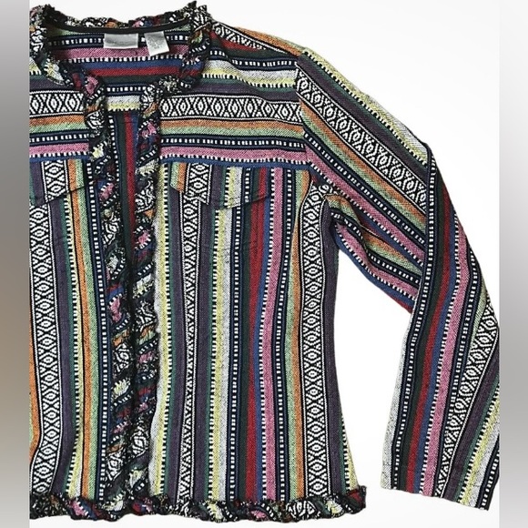 ♟️Chico’s Vintage 90’s Multi Color Rainbow Embroidered Boho Cotton Jacket Size M - Picture 3 of 7